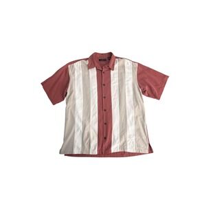 Cotton Traders Shirt Mens XL Red Silk Vertical Stripe Short Sleeve Button Front